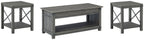Grayish brown coffee table and two end tables, each with open shelves