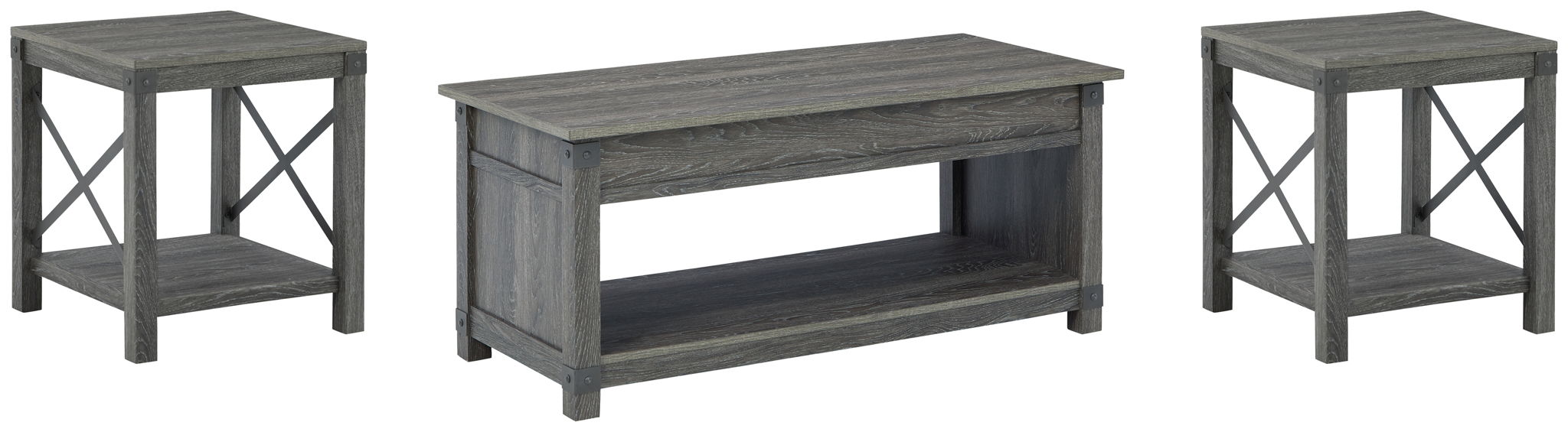 Grayish brown coffee table and two end tables, each with open shelves