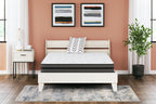 Hybrid mattress with white quilted top on a white platform bed frame
