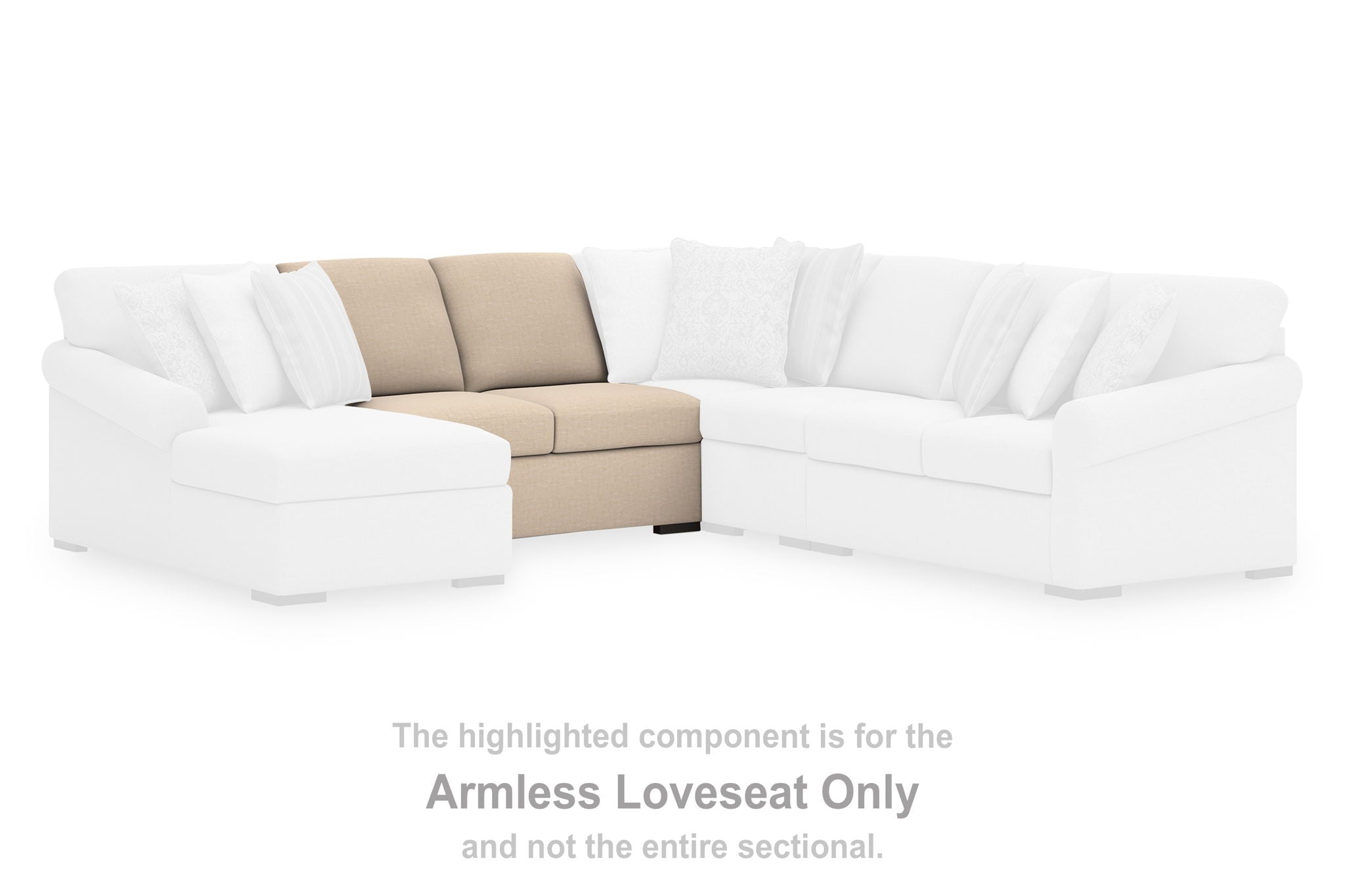 Armless loveseat component in beige fabric on a white sectional, armless side panels