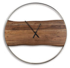 Brown wood-grain wall clock with oval silver frame and crossed black hands