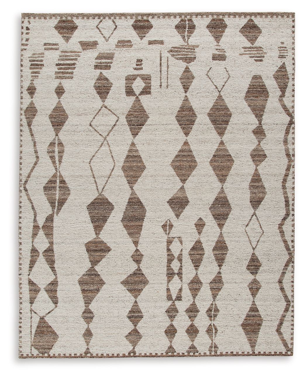Geometric area rug with ivory base and dark brown diamond and chevron pattern