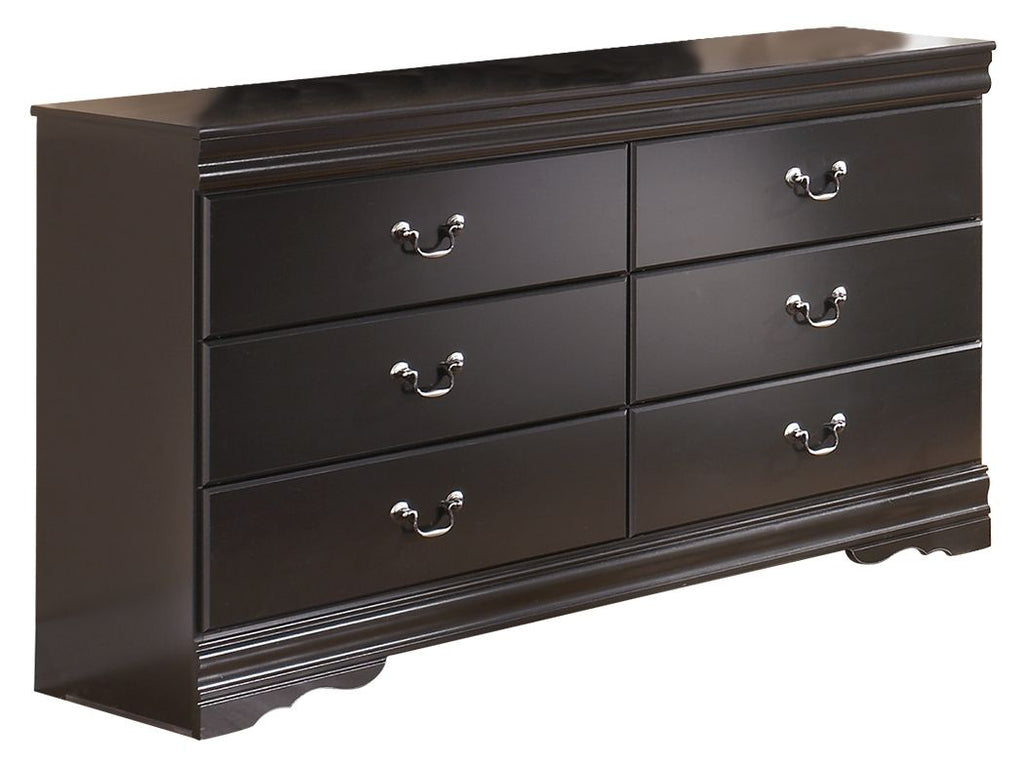Huey black six-drawer dresser with silver-tone cup pulls and wide top