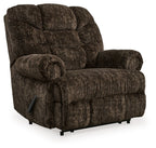 Chocolate brown fabric wall recliner chair with tufted back, arms, and sturdy base