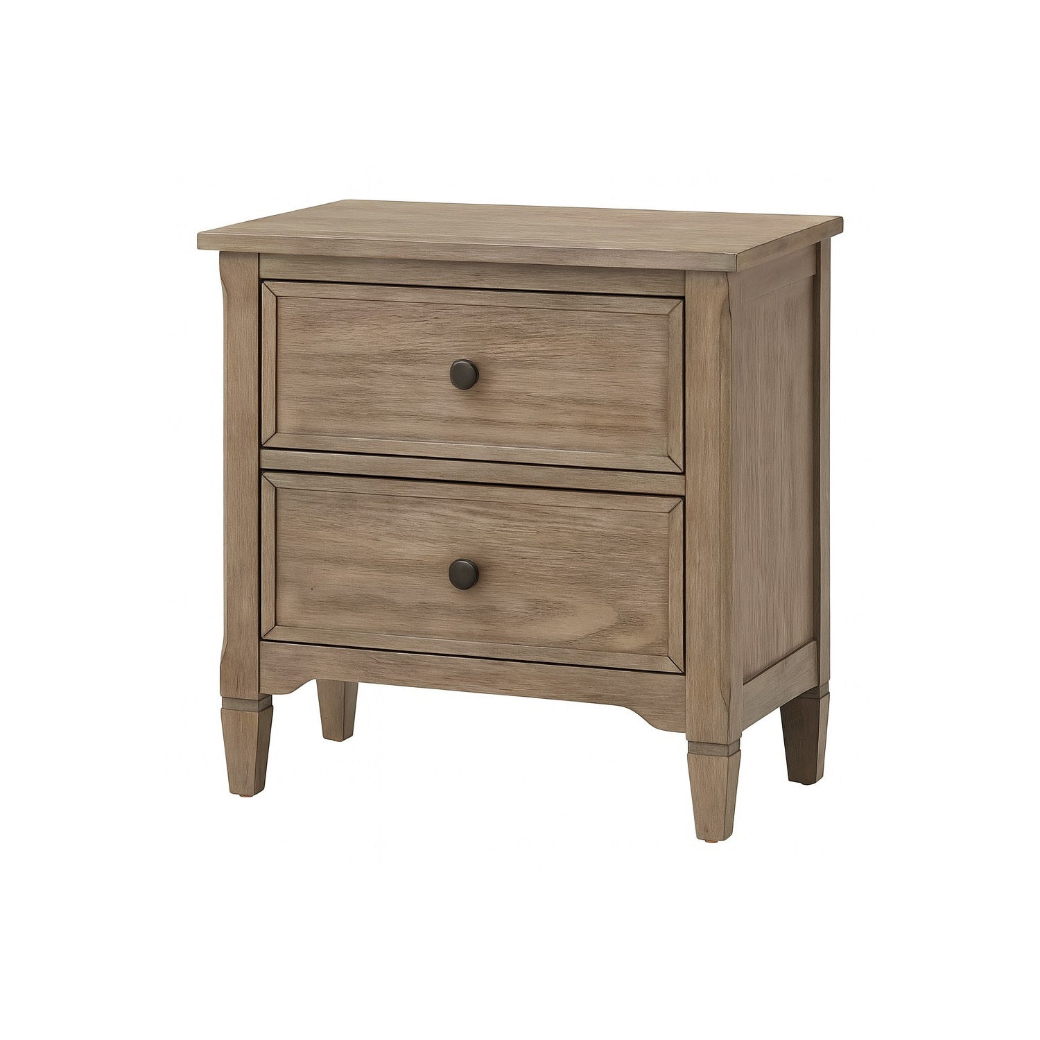 Wire-Brushed Warm Gray 2-Drawer Nightstand w/Bronze Pulls