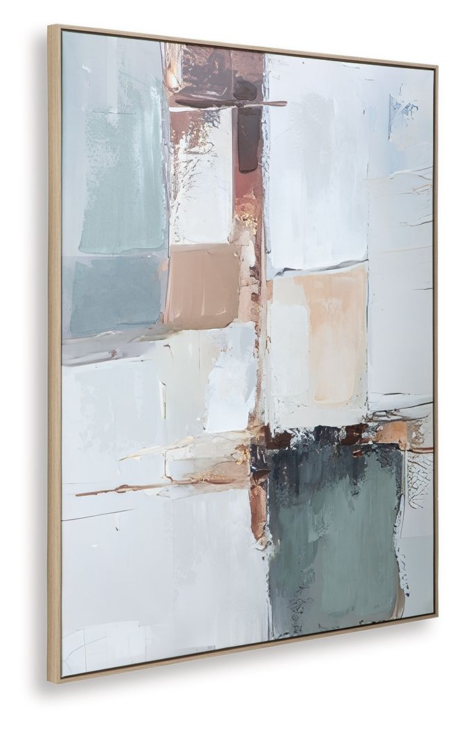 Framed abstract wall art with white, teal, and brown rectangular blocks and thin lines