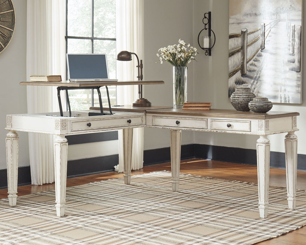 L-shaped lift-top desk with white base and brown tabletop, open center panel and drawers