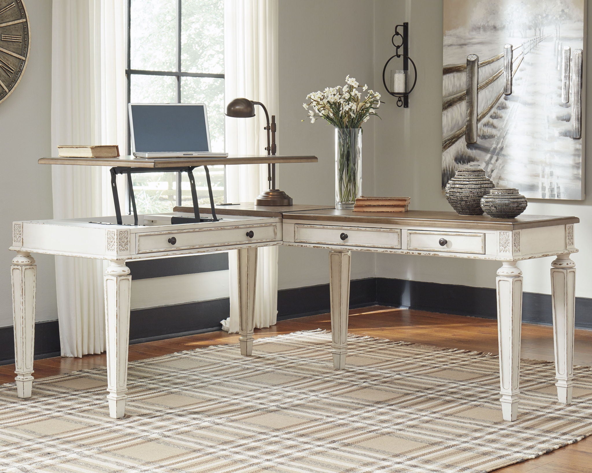 L-shaped lift-top desk with white base and brown tabletop, open center panel and drawers