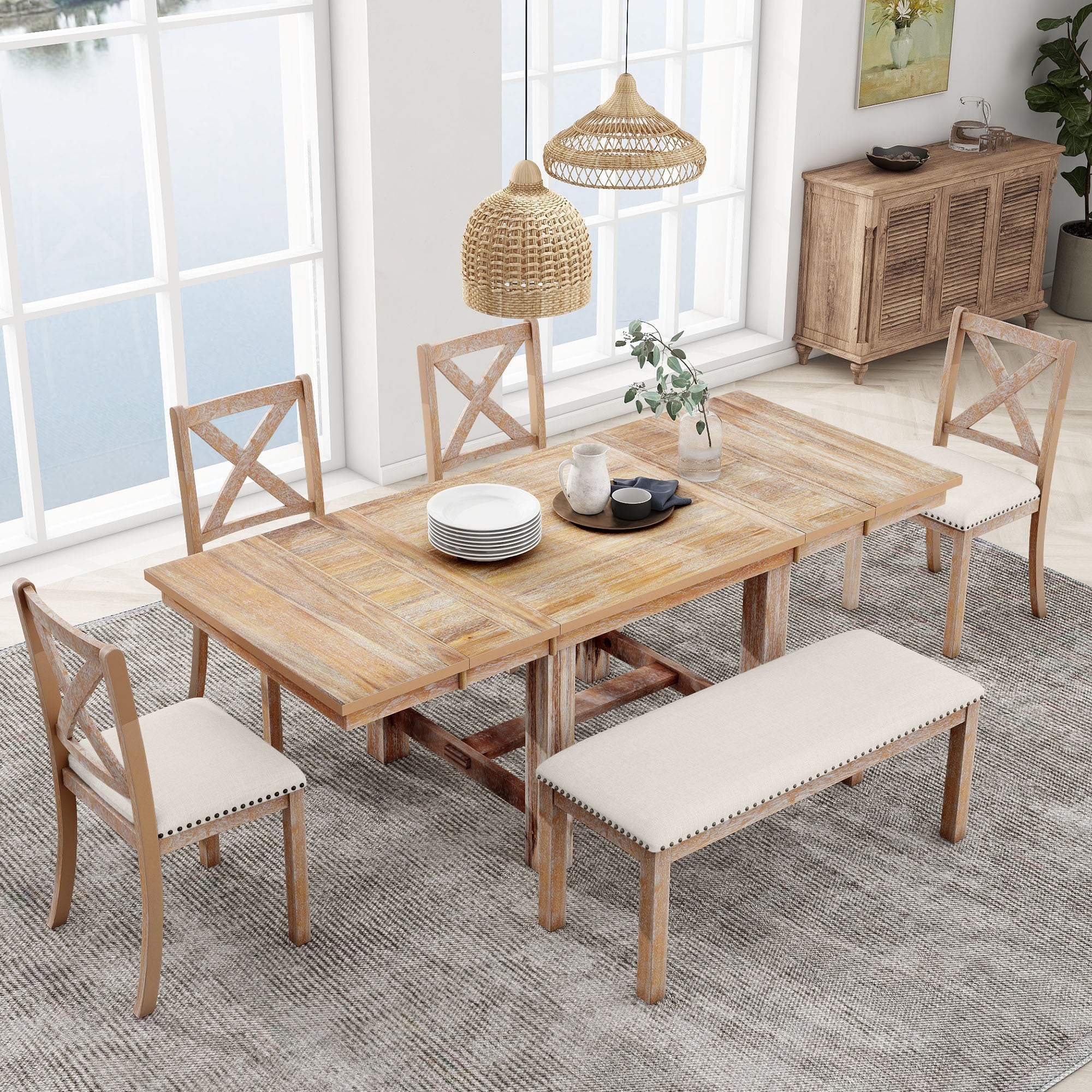 82" Farmhouse Dining Table Set, 6-Piece