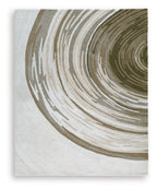 Rug with dark brown and cream curved stripe pattern, textured low pile