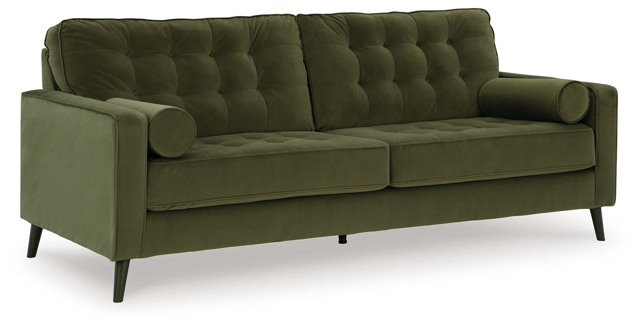 Olive green tufted sofa with rolled arms, wide seat, and dark tapered legs.