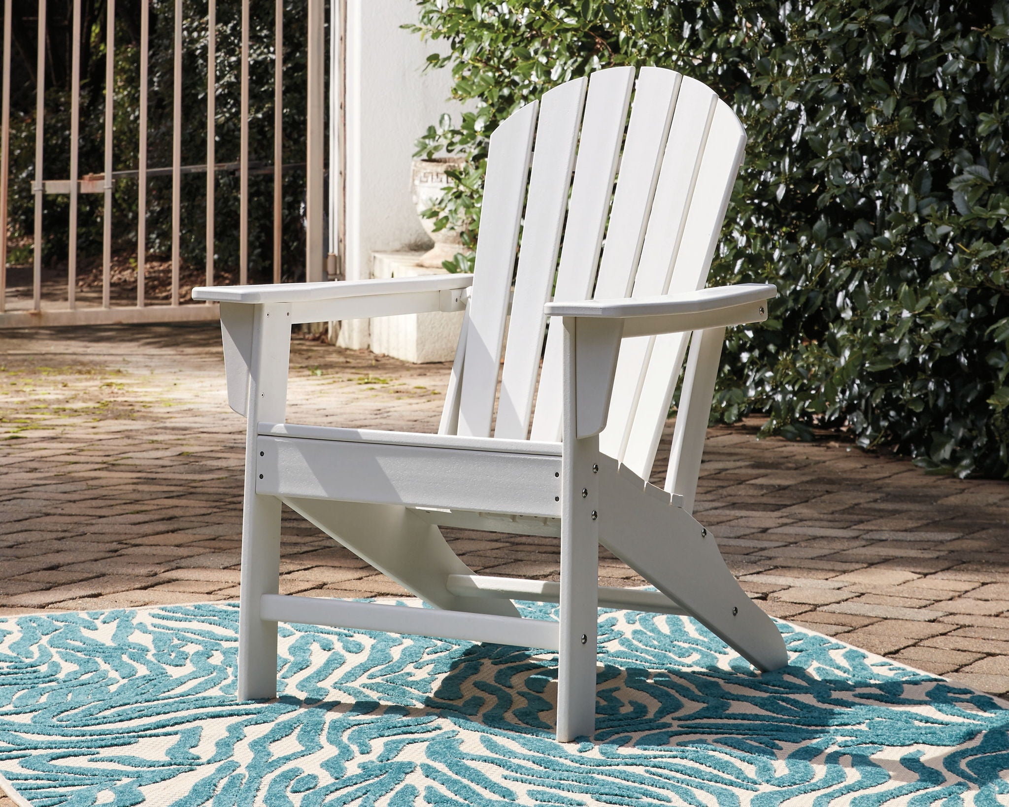 Outdoor adirondack chair, white slat back with side armrests