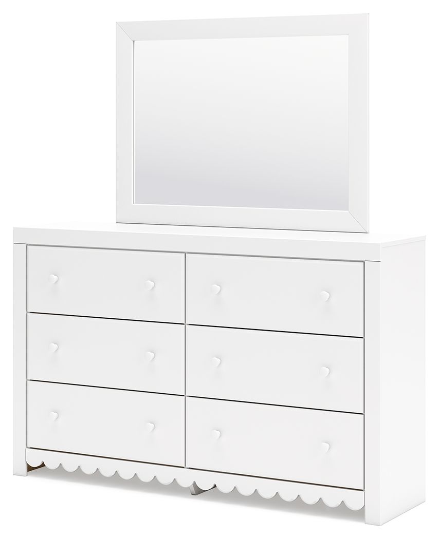White dresser with mirror, 6 drawer fronts with round knobs, scalloped apron