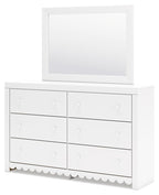 White dresser with mirror, 6 drawer fronts with round knobs, scalloped apron