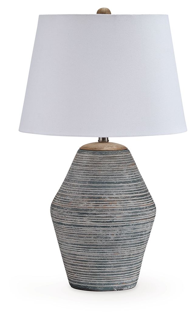 Table lamp with white fabric shade and blue-gray ribbed ceramic base