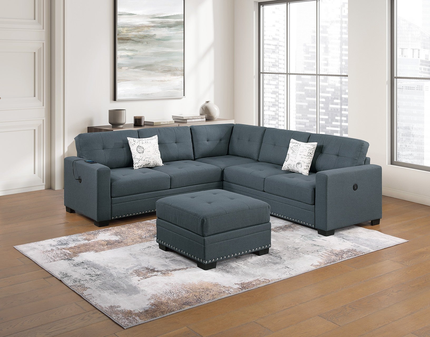 Dark Gray Tufted Sectional Sofa - Casual 4pc Living Room Set