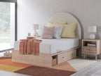 Beige upholstered panel bed with arched headboard, white bedding, and two under-bed drawers