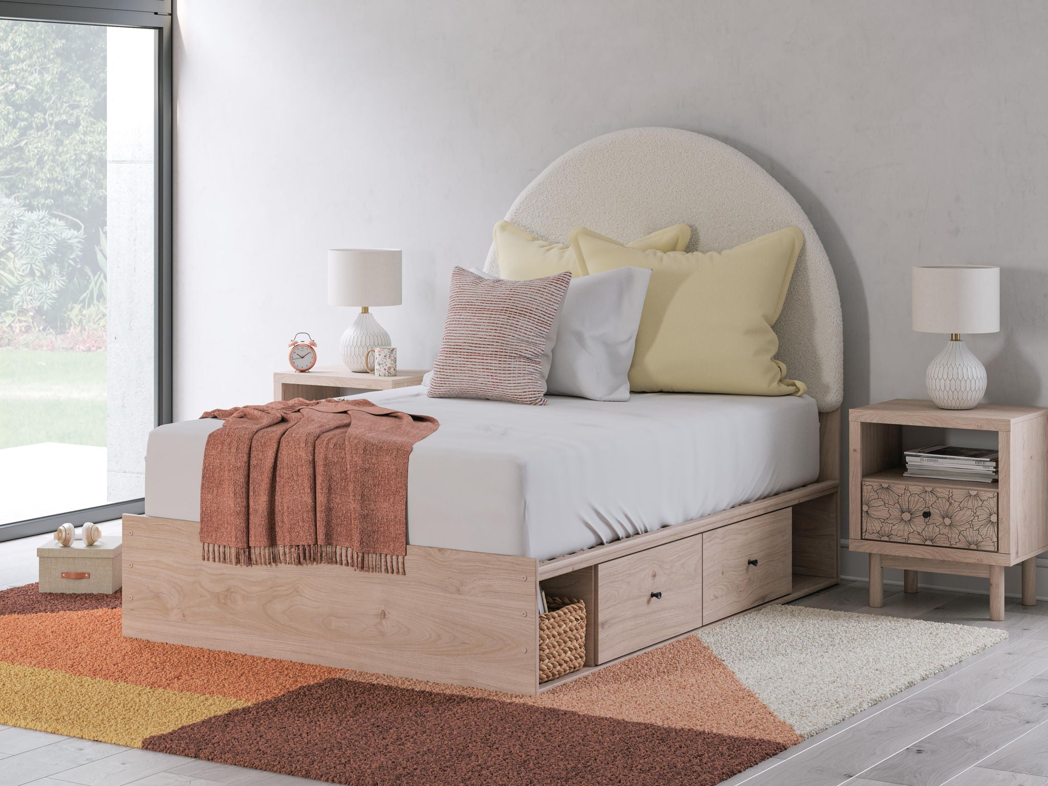 Beige upholstered panel bed with arched headboard, white bedding, and two under-bed drawers