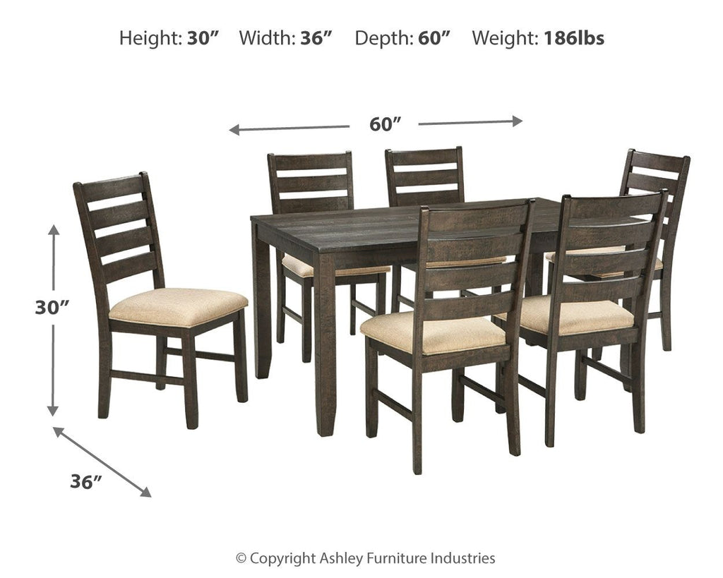 Brown dining table with six beige-cushioned chairs, 7-piece set