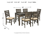 Brown dining table with six beige-cushioned chairs, 7-piece set