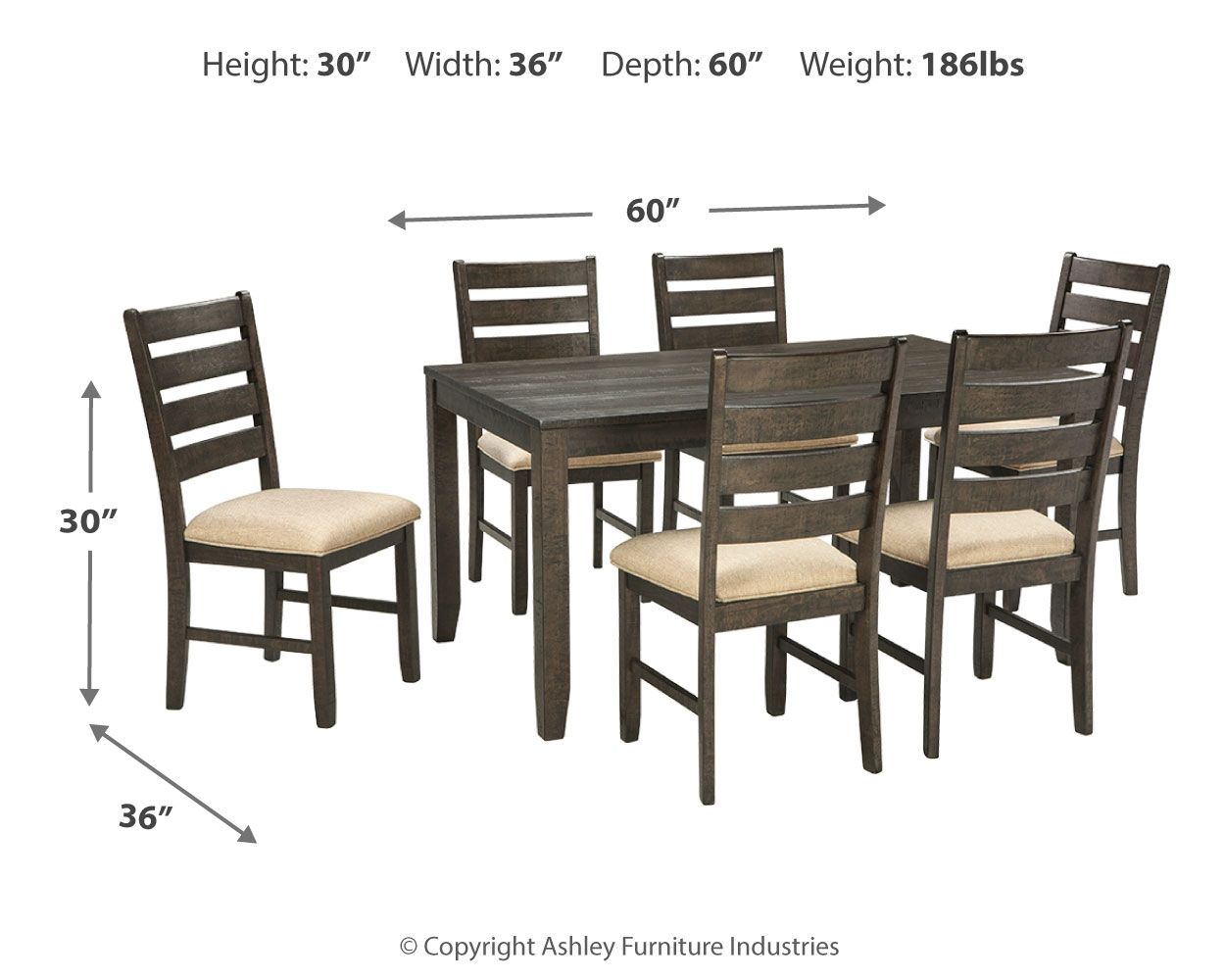 Brown dining table with six beige-cushioned chairs, 7-piece set