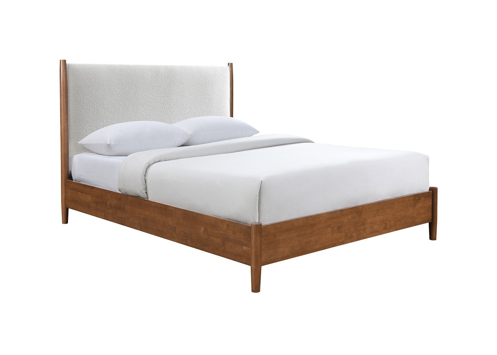 Walnut Panel Headboard Full Bed | Beige Upholstered Mid-Century Modern
