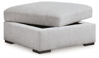 Gabyleigh storage ottoman with hinged lid lifted, light gray fabric, dark feet