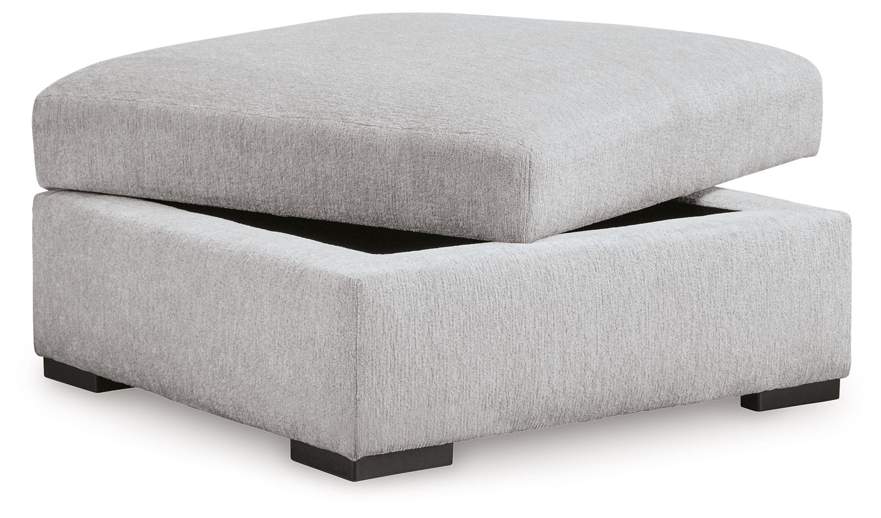 Gabyleigh storage ottoman with hinged lid lifted, light gray fabric, dark feet
