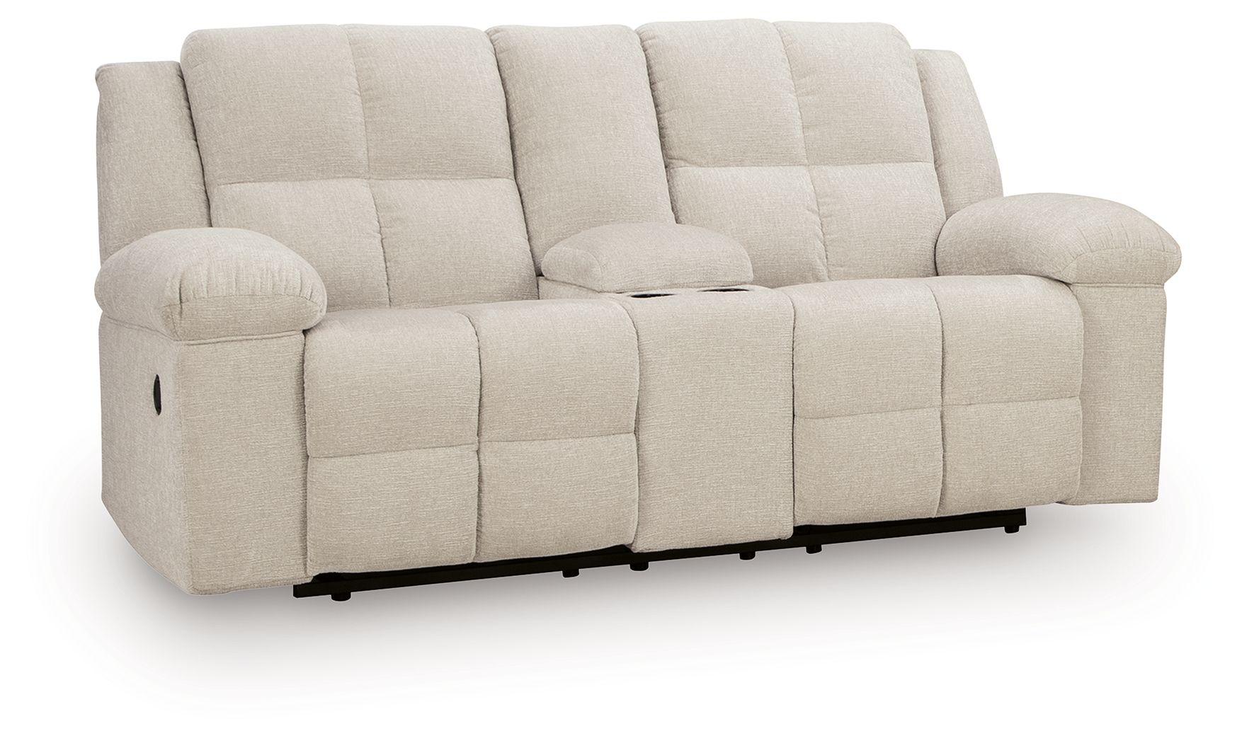 Reclining loveseat with console, light beige fabric, cushioned seat and armrests