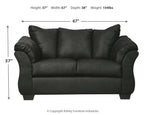 Darcy stationary loveseat in black fabric with rolled arms and two seat cushions