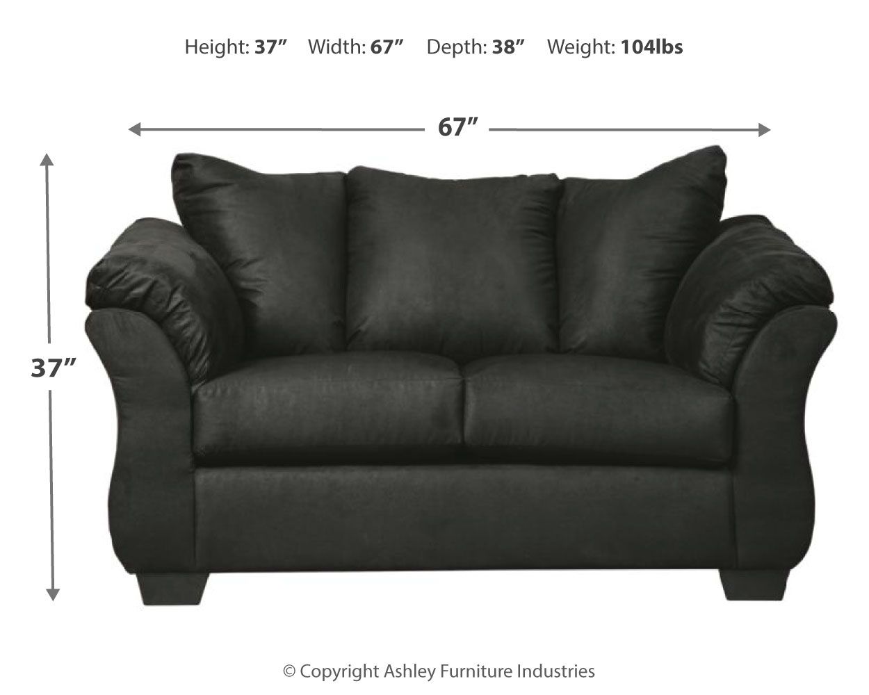 Darcy stationary loveseat in black fabric with rolled arms and two seat cushions