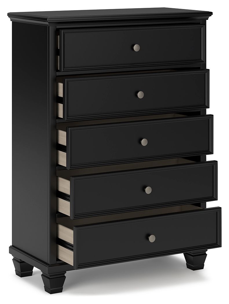 Black five-drawer chest with open drawers and round knobs