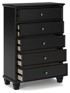 Black five-drawer chest with open drawers and round knobs
