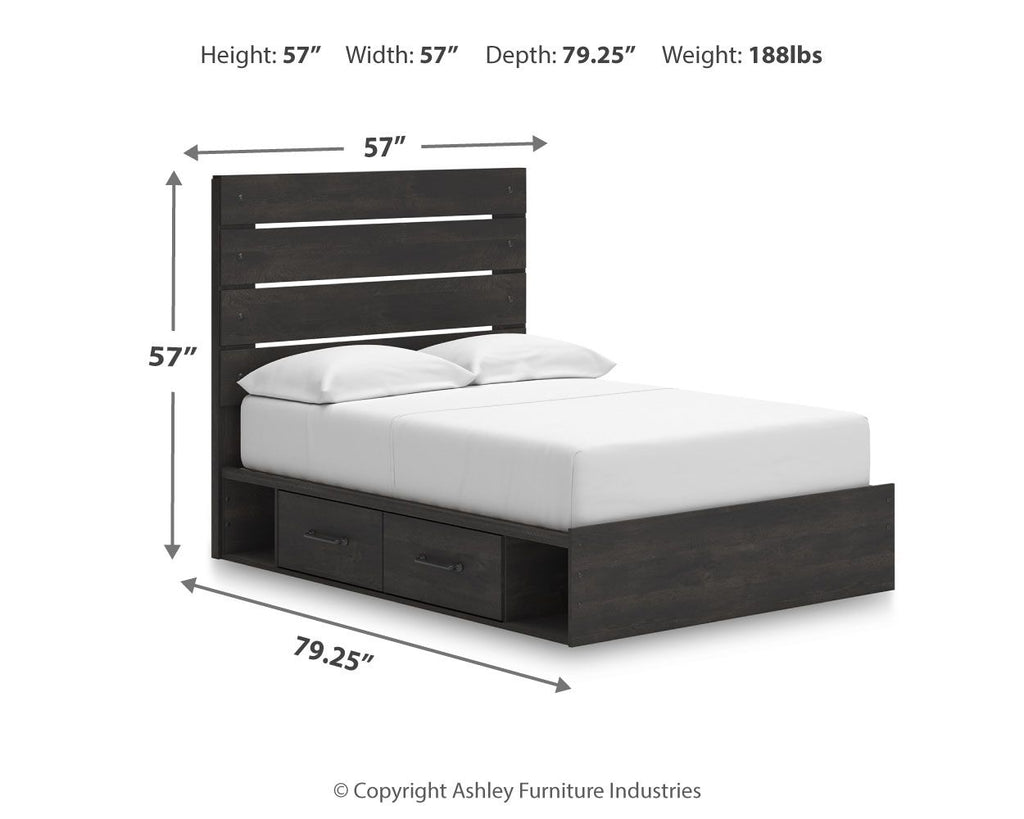 Dark gray panel storage bed with dimensions and drawer storage front
