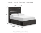 Dark gray panel storage bed with dimensions and drawer storage front