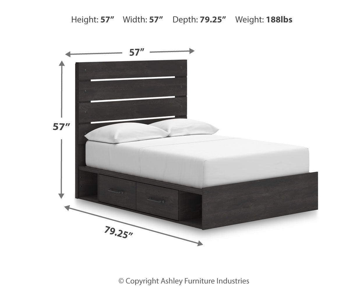 Dark gray panel storage bed with dimensions and drawer storage front