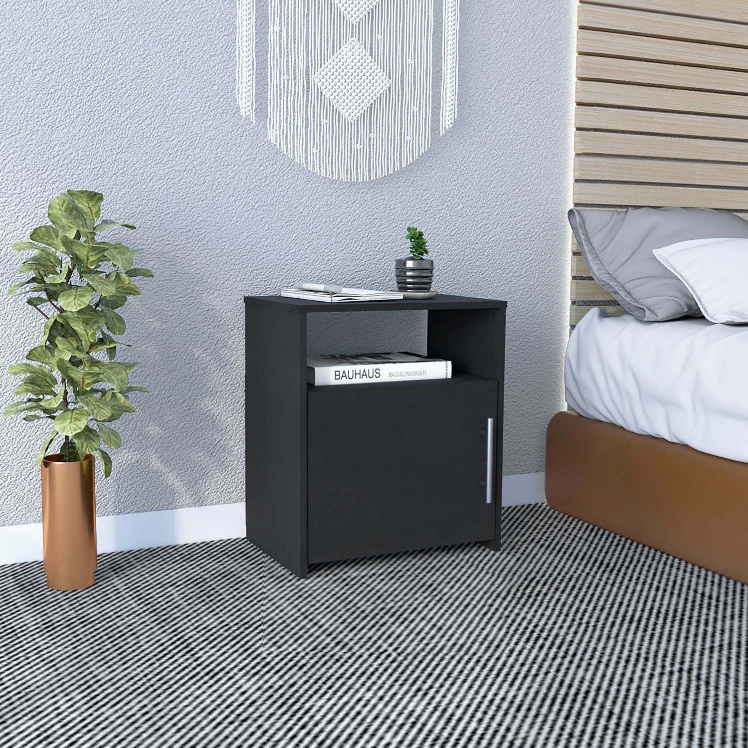 Black Single Door Nightstand Cabinet - Metal Handle & Shelf