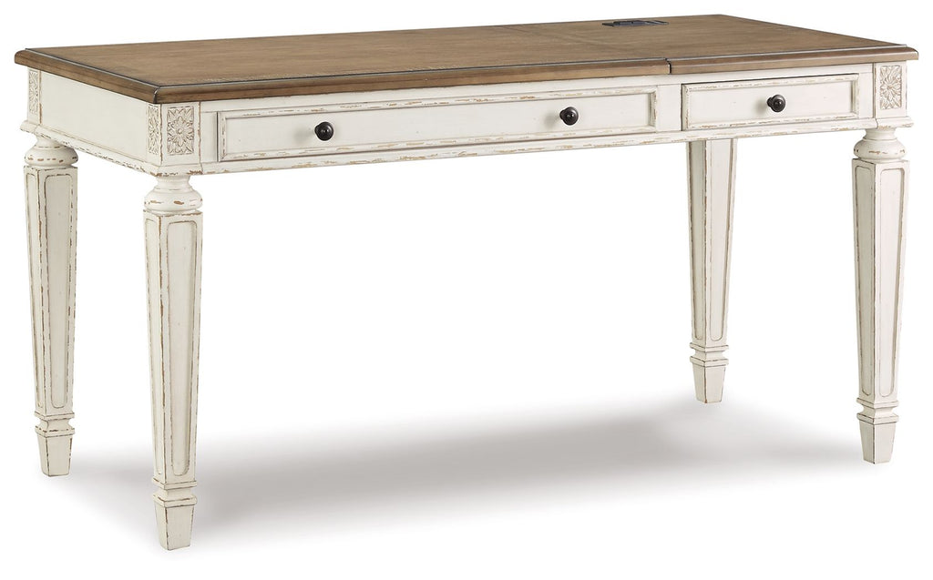 Lift-top desk with white frame and brown wood top, two drawer fronts