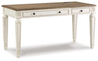 Lift-top desk with white frame and brown wood top, two drawer fronts