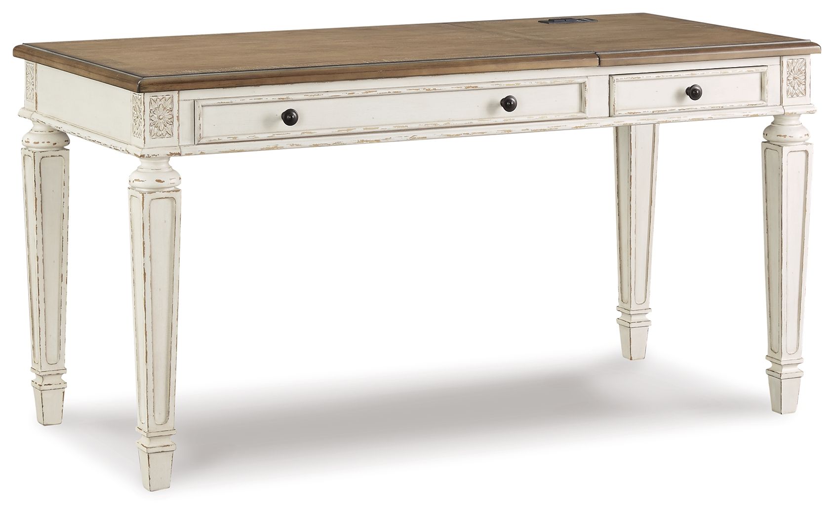 Lift-top desk with white frame and brown wood top, two drawer fronts