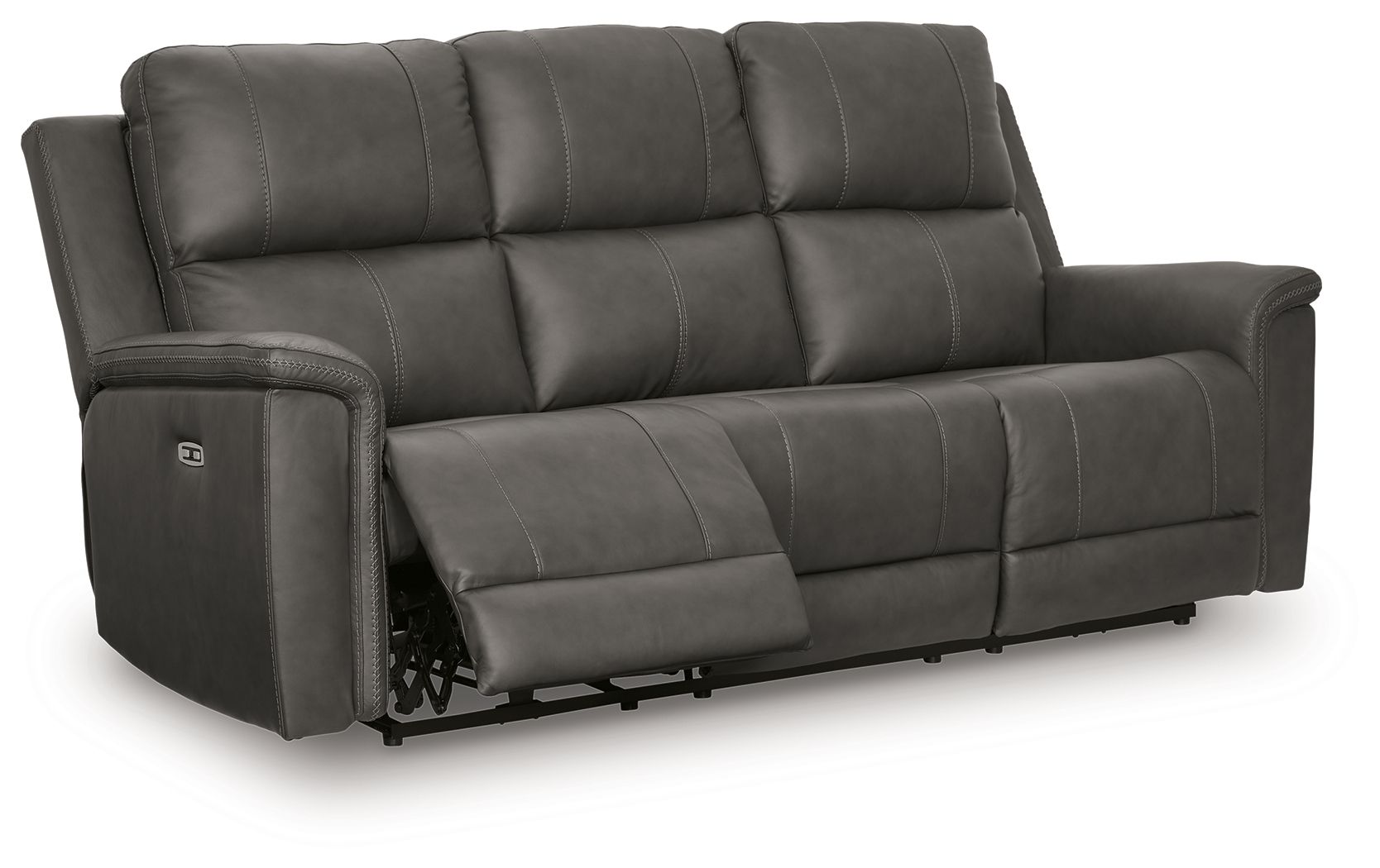 Dark gray power reclining sofa with padded armrests and adjustable headrests