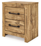 Two-drawer night stand, brown wood-look finish, two drawers with black bar handles.