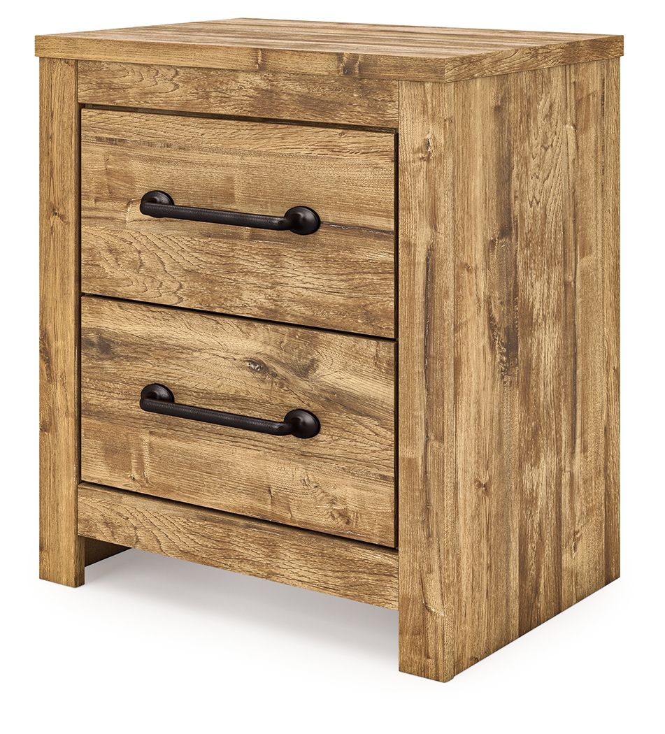 Two-drawer night stand, brown wood-look finish, two drawers with black bar handles.