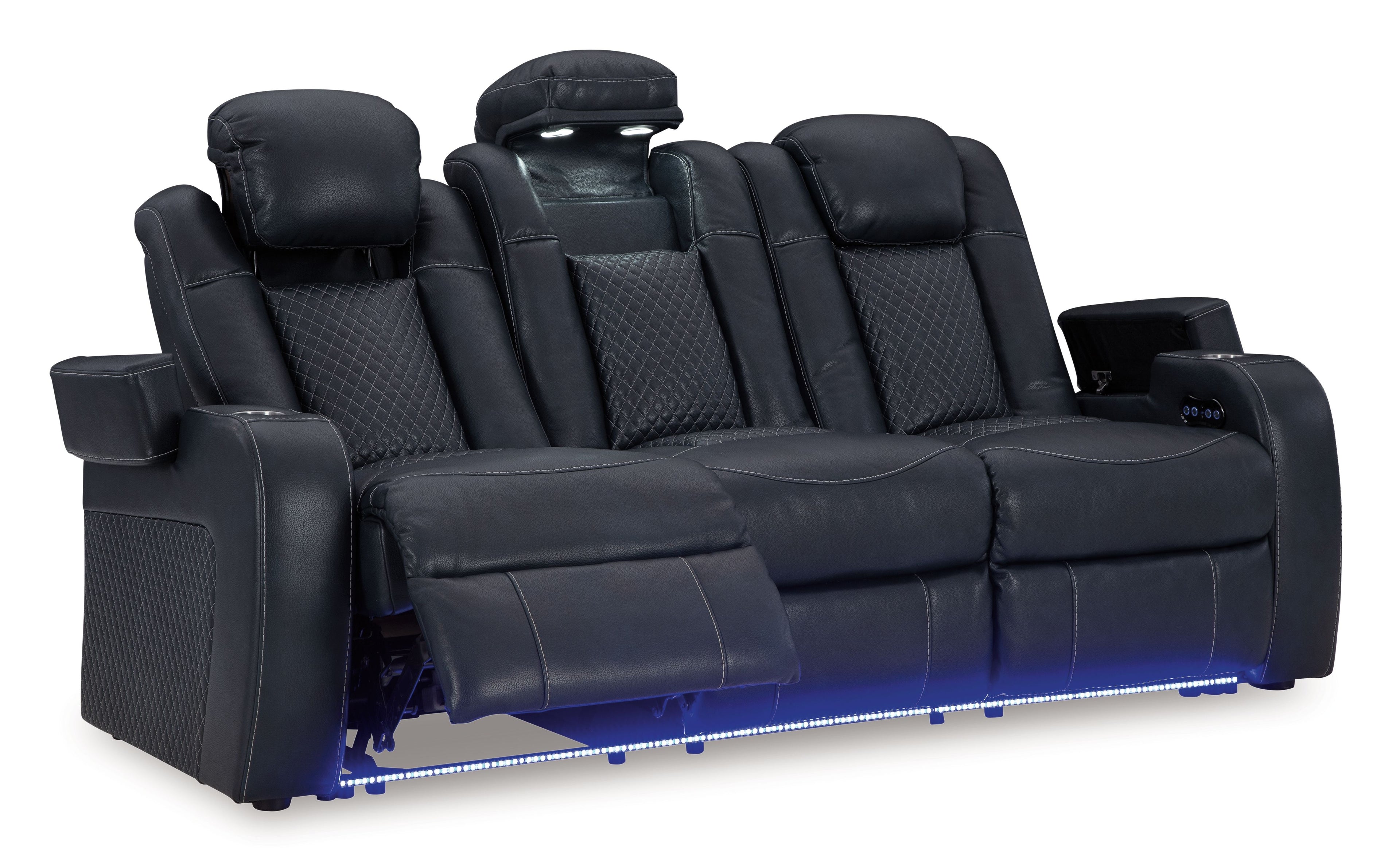 Power reclining sofa with adjustable headrests, dark navy upholstery, reclined seat