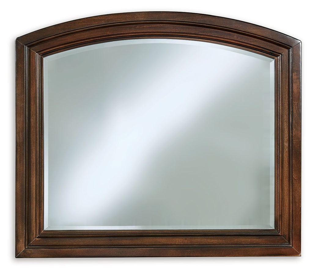 Porter bedroom mirror with arched wooden frame, rustic brown finish