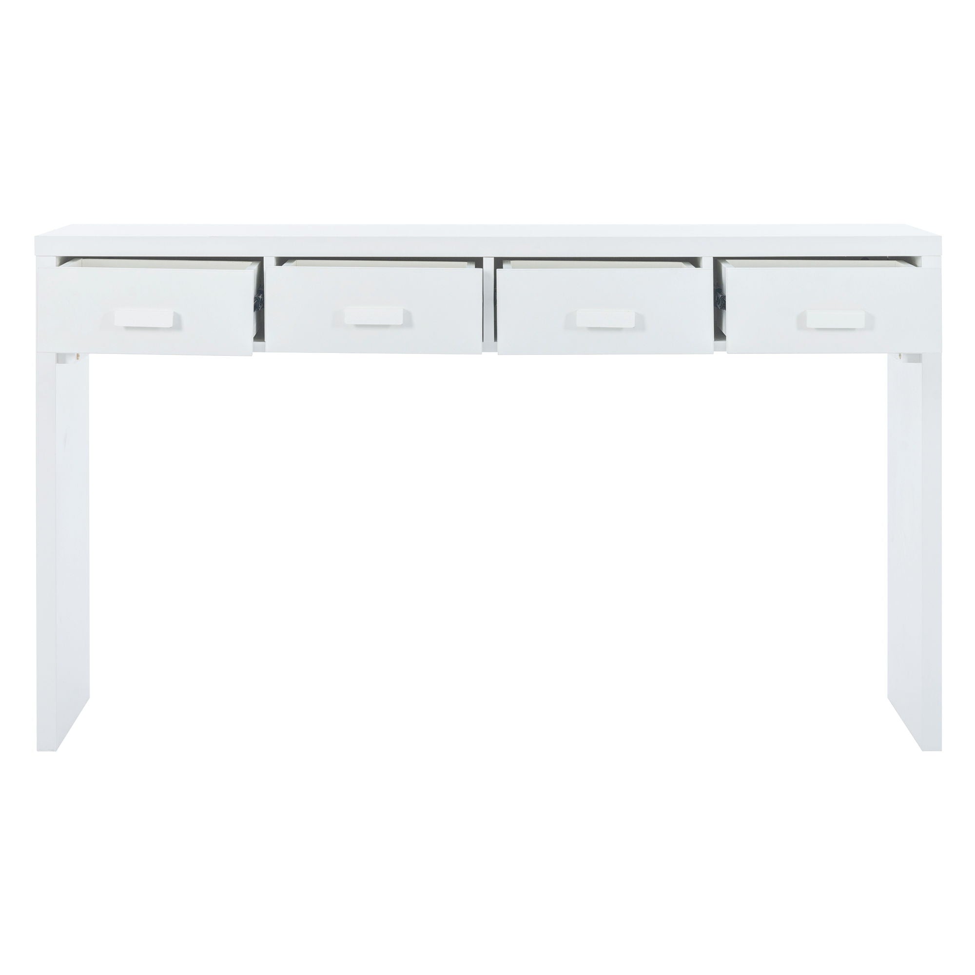 Trexm Modern Minimalist Console Table With Open Tabletop And Four Drawers With Metal Handles For Entry Way, Living Room And Dining Room (White)