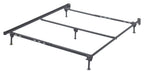 Queen platform bed frame with metallic finish, corner posts and support legs