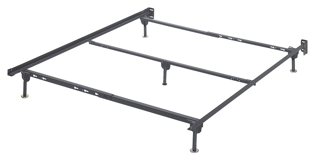 Queen platform bed frame with metallic finish, corner posts and support legs