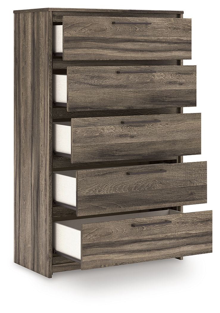 Five-drawer chest with drawers partially open, dark brown wood grain and bar pulls