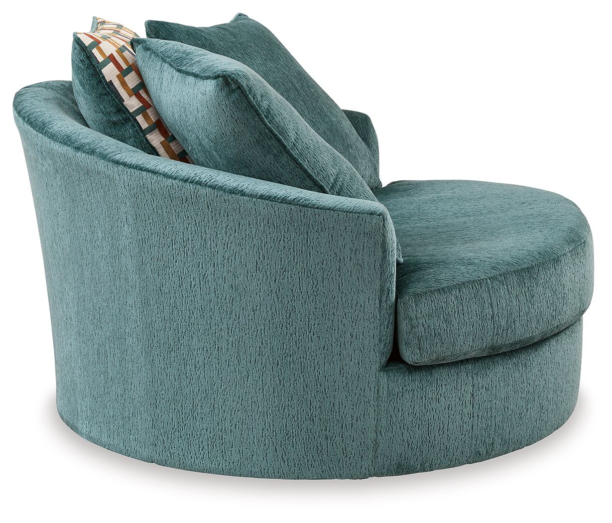 Teal upholstered swivel accent chair shown from side with thick rounded arms